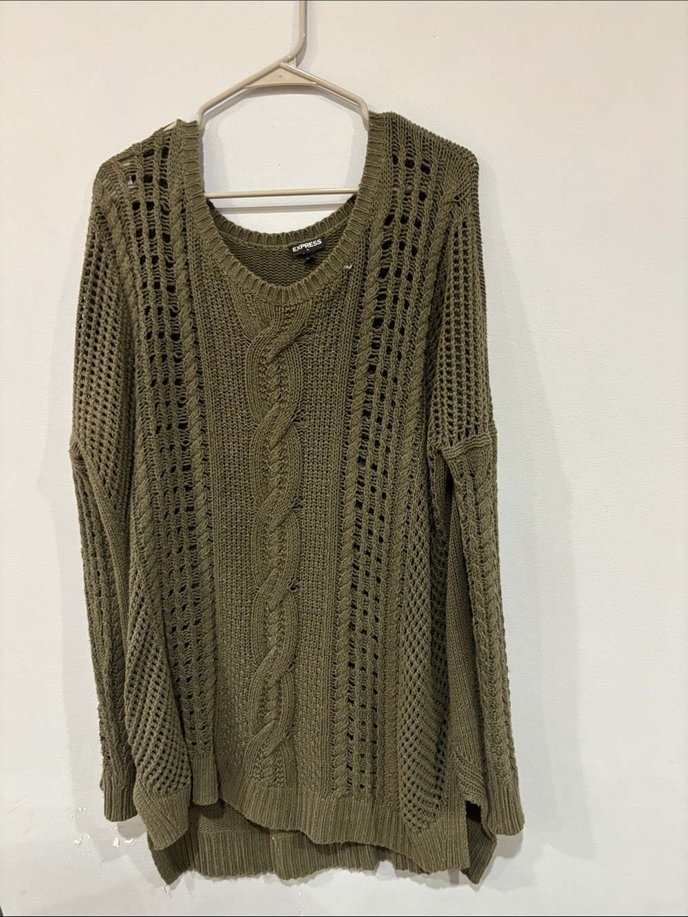 Express Olive Open-Knit Cable-Front Crew Sweater